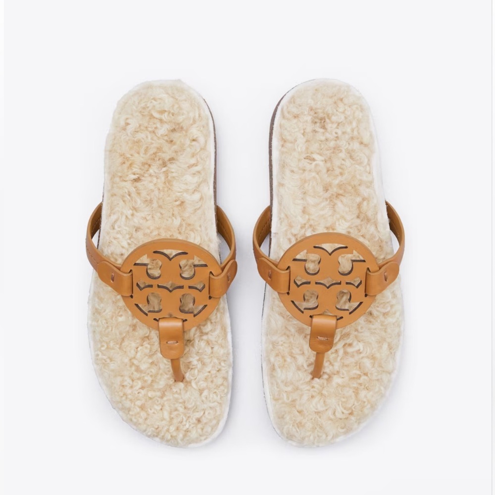 TORY BURCH NWOT Size 9 Miller Cloud Shearling Napa Leather Cork Sandals Tan